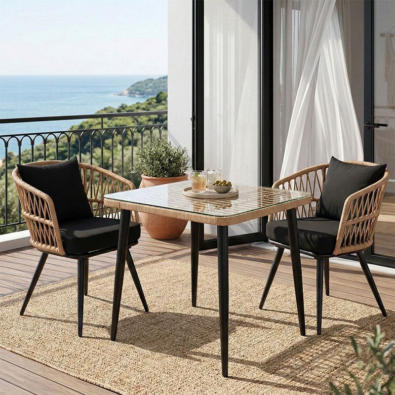 Σετ κήπου - Τραπεζαρία Naoki 3 τεμ. μέταλλο μαύρο - pe φυσικό - γυαλί 80x80x78 εκ.