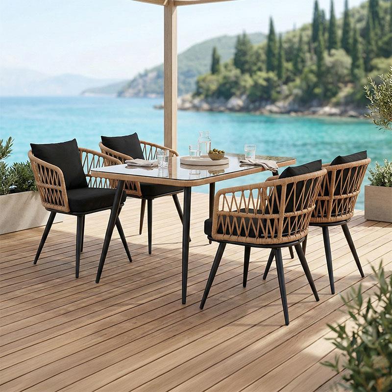 Σετ κήπου - Τραπεζαρία Naoki 5 τεμ. γυαλί - pe rattan φυσικό - μαύρα πόδια 140x80x78 εκ.