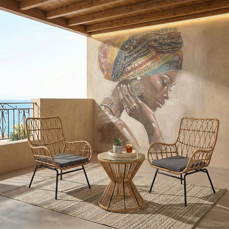 Σετ κήπου Naoki - Mabil 3 τεμ. pe rattan φυσικό - μαύρο μέταλλο