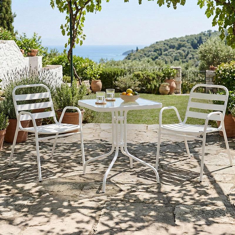 Σετ κήπου - Τραπεζαρία Watson - Sussie 3 τεμ. μέταλλο - γυαλί λευκό 70x70x70 εκ.