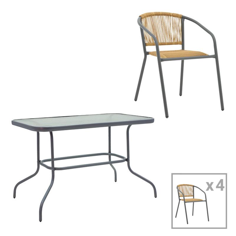 Σετ κήπου - Τραπεζαρία Valor - Lindaria σετ 5 τεμ. μέταλλο ανθρακί - γυαλί - pe rattan φυσικό 110x60x70 εκ.