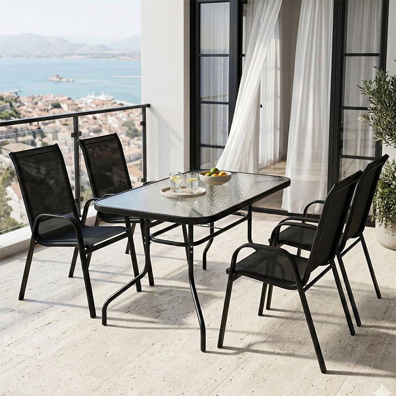 Σετ κήπου Τραπεζαρία Valor - Calan 5 τεμ. μέταλλο μαύρο - γυαλί - textilene μαύρο 110x60x70 εκ.