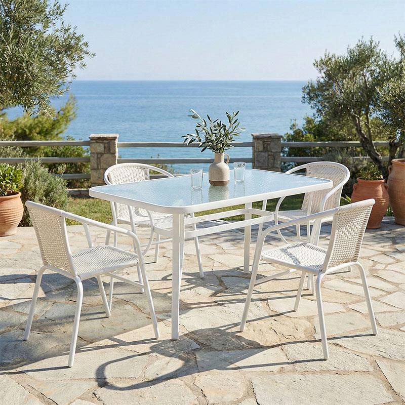 Σετ κήπου - Τραπεζαρία Obbi - Ensure 5 τεμ. μέταλλο - γυαλί λευκό 120x70x70 εκ.