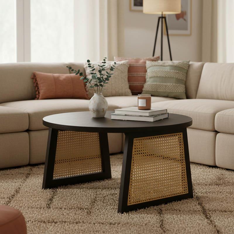 Τραπεζάκι Σαλονιού Tamarind με Μαύρο Ξύλο Mango & Φυσικό Rattan Φ65x40εκ.