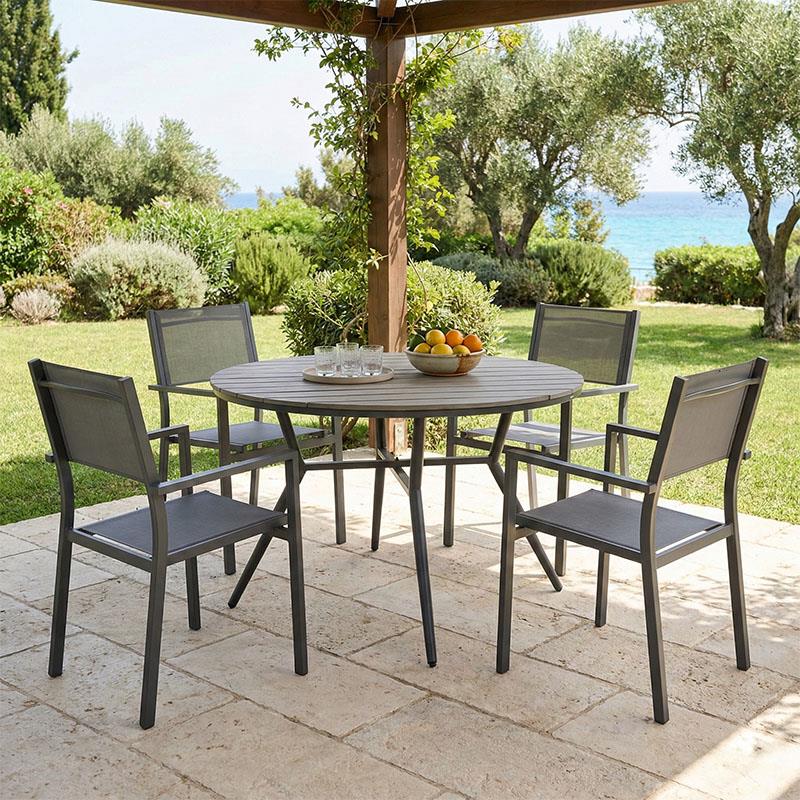 Σετ Κήπου Τραπεζαρία Appa - Moly 5 τεμ σε Ανθρακί Αλουμίνιο - Plywood με Τραπέζι Φ120x74εκ.