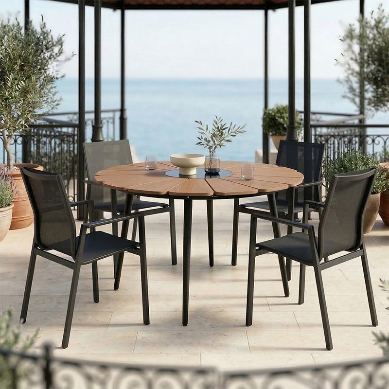 Σετ Κήπου Τραπεζαρία Pinap-Dashiell 5τεμ μαύρο αλουμίνιο και plywood σε φυσική απόχρωση Φ110x74εκ