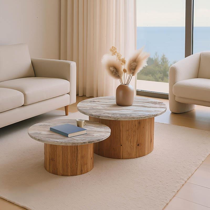 Τραπεζάκι σαλονιού Sergy σετ 2 τμχ μασίφ ξύλο ακακίας σε φυσικό με επιφάνεια μαρμάρου