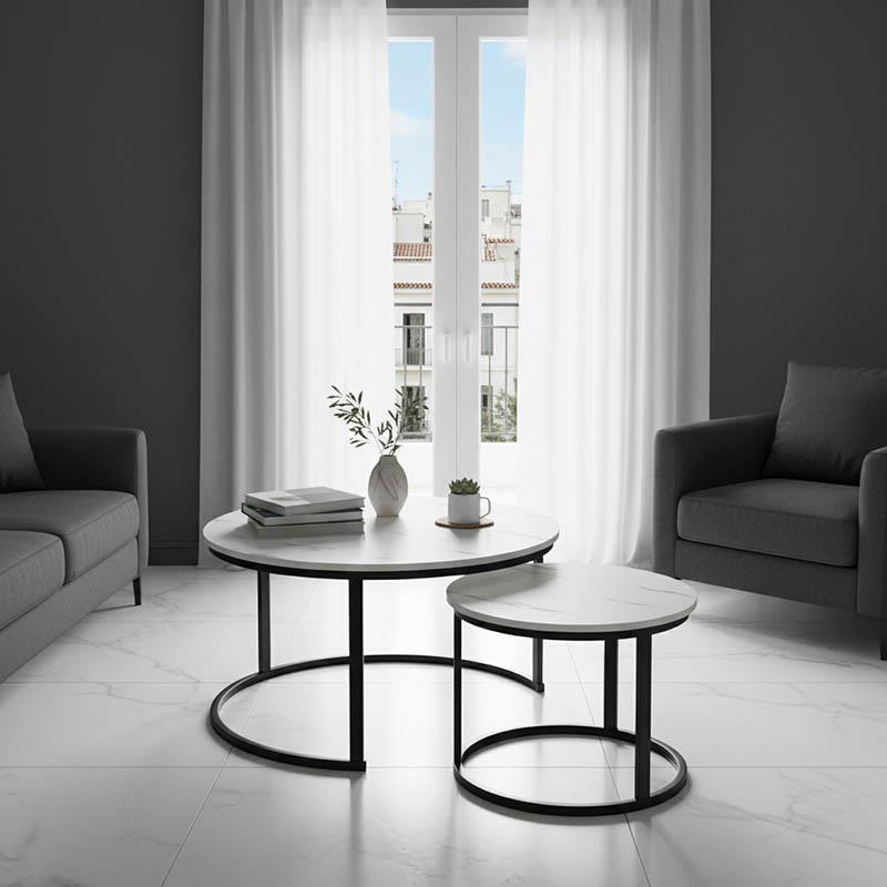 Τραπεζάκι σαλονιού Solme I σετ 2τεμ σε λευκή μαρμάρου απόχρωση με μαύρα μεταλλικά πόδια