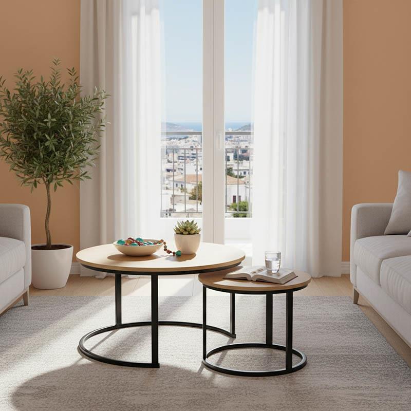 Τραπεζάκι σαλονιού Solme I σετ 2τεμ σε oak απόχρωση με μαύρα μεταλλικά πόδια