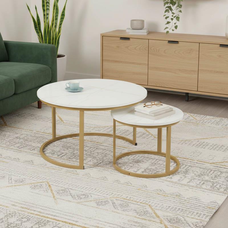 Τραπεζάκι σαλονιού Solme I σετ 2τεμ σε λευκή μαρμάρου απόχρωση με χρυσά μεταλλικά πόδια