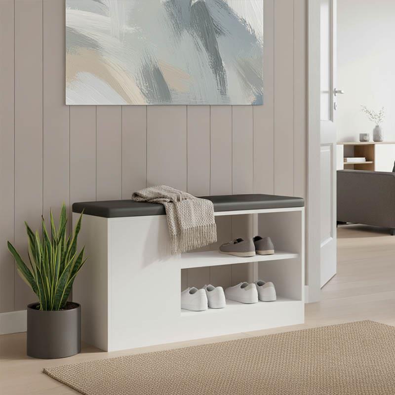 Παπουτσοθήκη-σκαμπό Deboule 8 ζευγών σε λευκή-μαύρη απόχρωση 90x30x46εκ Παπουτσοθήκη-σκαμπό Deboule 8 ζευγών σε λευκή-μαύρη απόχρωση 90x30x46εκ