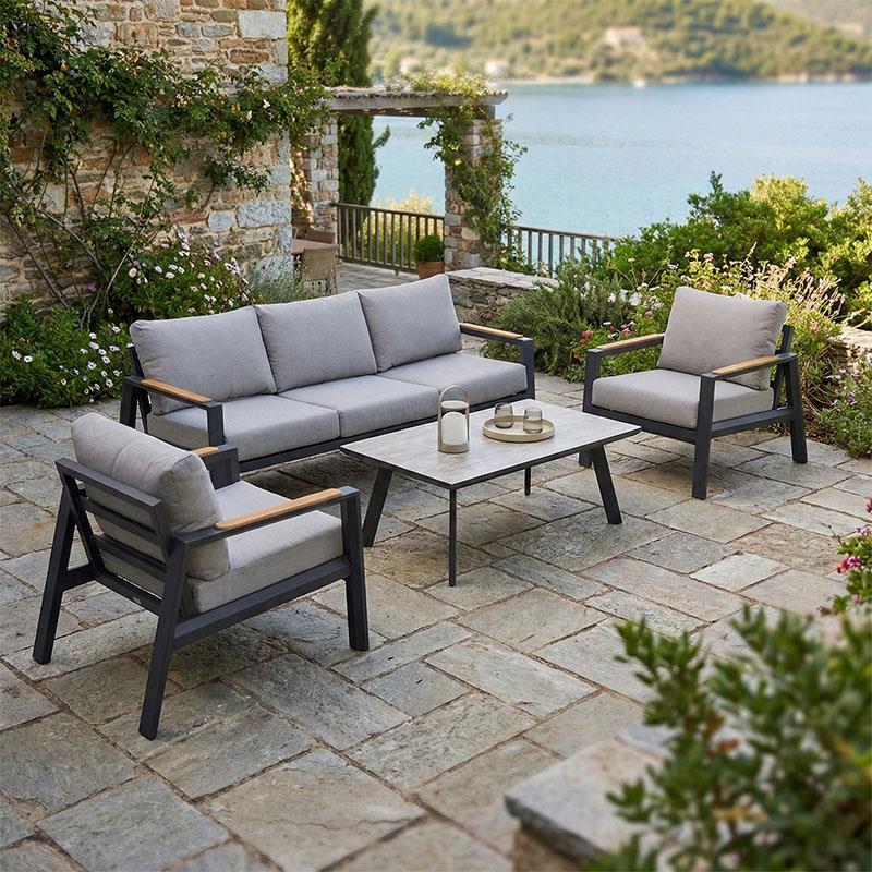 Σετ κήπου Aeria 4τεμ αλουμίνιο σε ανθρακί απόχρωση - teak - ύφασμα γκρι