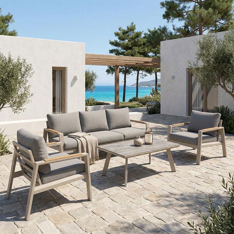 Σετ κήπου Aeria 4τεμ αλουμίνιο σε μπεζ απόχρωση - teak - ύφασμα γκρι