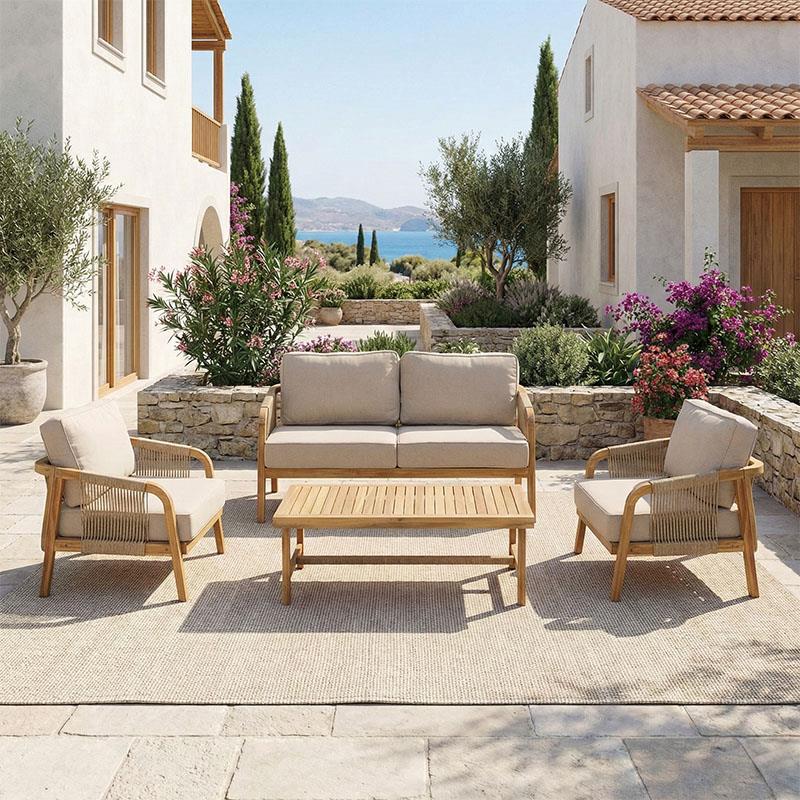 Σετ κήπου Malibu II ξύλο ακακίας με σχοινί σε φυσική απόχρωση και μπεζ μαξιλάρια