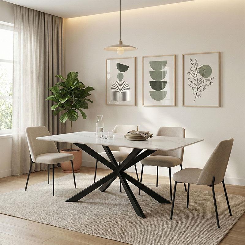 Τραπέζι Mattias sintered stone λευκή όψη μαρμάρου με μαύρα μεταλλικά πόδια 180x90x75εκ