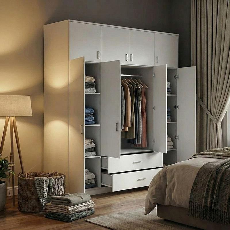 Ντουλάπα τετράφυλλη Royal με συρτάρια και πατάρι λευκό 200x58x230εκ