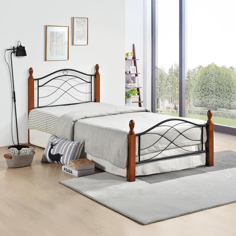 Κρεβάτι Polanian διπλό ξύλο rubberwood σε καρυδί απόχρωση-μαύρο μέταλλο 150x200εκ.
