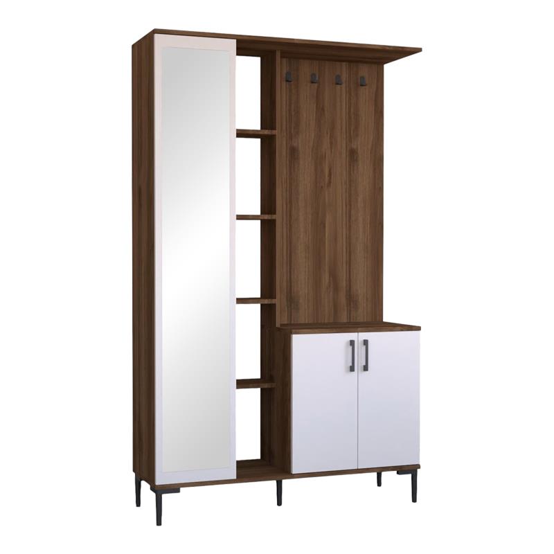 Έπιπλο εισόδου Melena με καθρέπτη -κρεμάστρα σε λευκό-καρυδί 120x37.5x199εκ