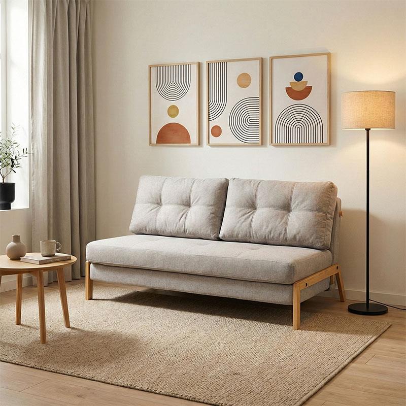 Καναπές κρεβάτι Fancy Διθέσιος ύφασμα σε μπεζ με φυσικό πόδι 150x92x77εκ