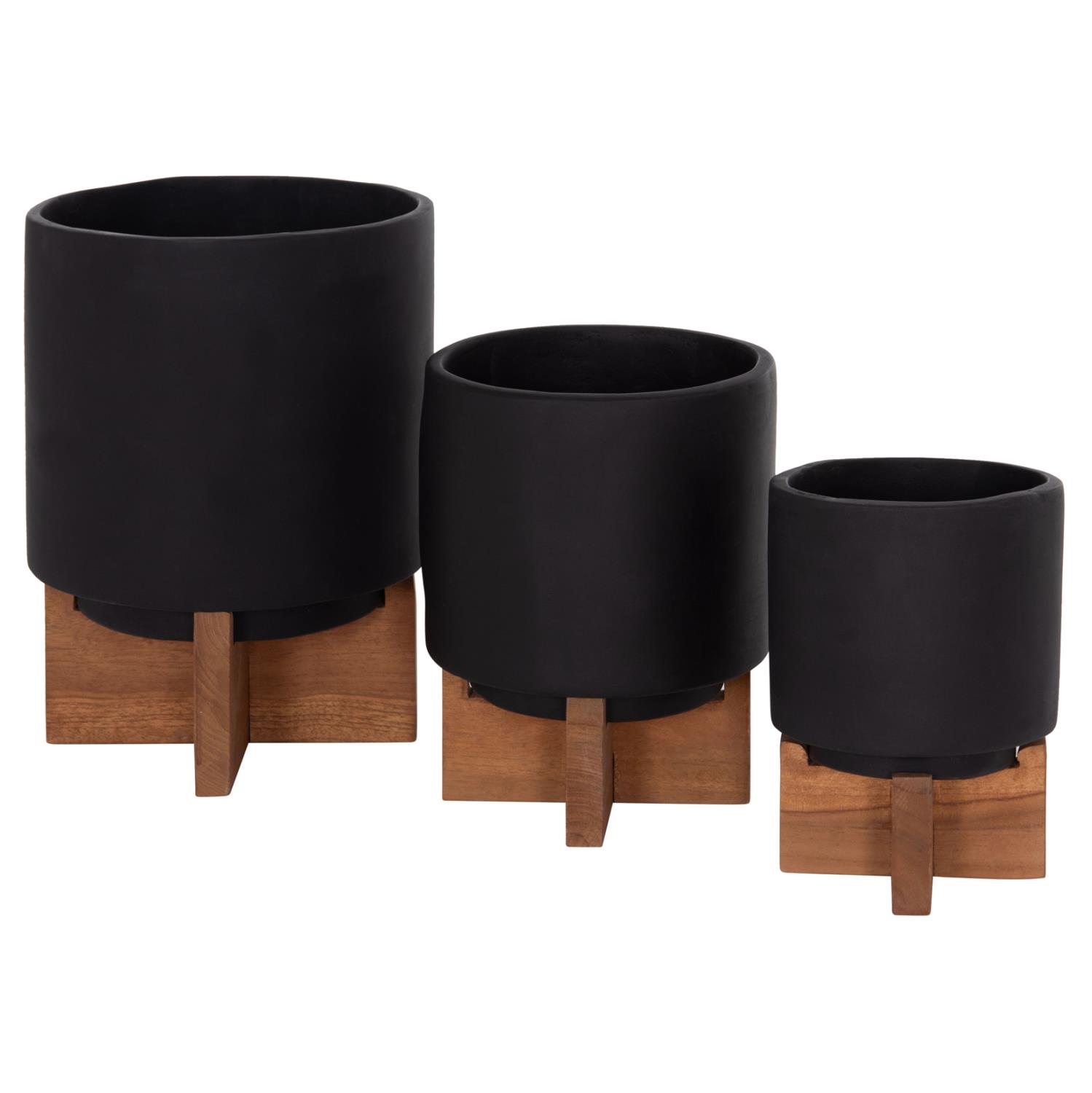 Σετ Γλάστρες 3τεμ. TANTI C4685.01 με Teak Βάσεις - Fiber Cement Μαύρο χρώμα