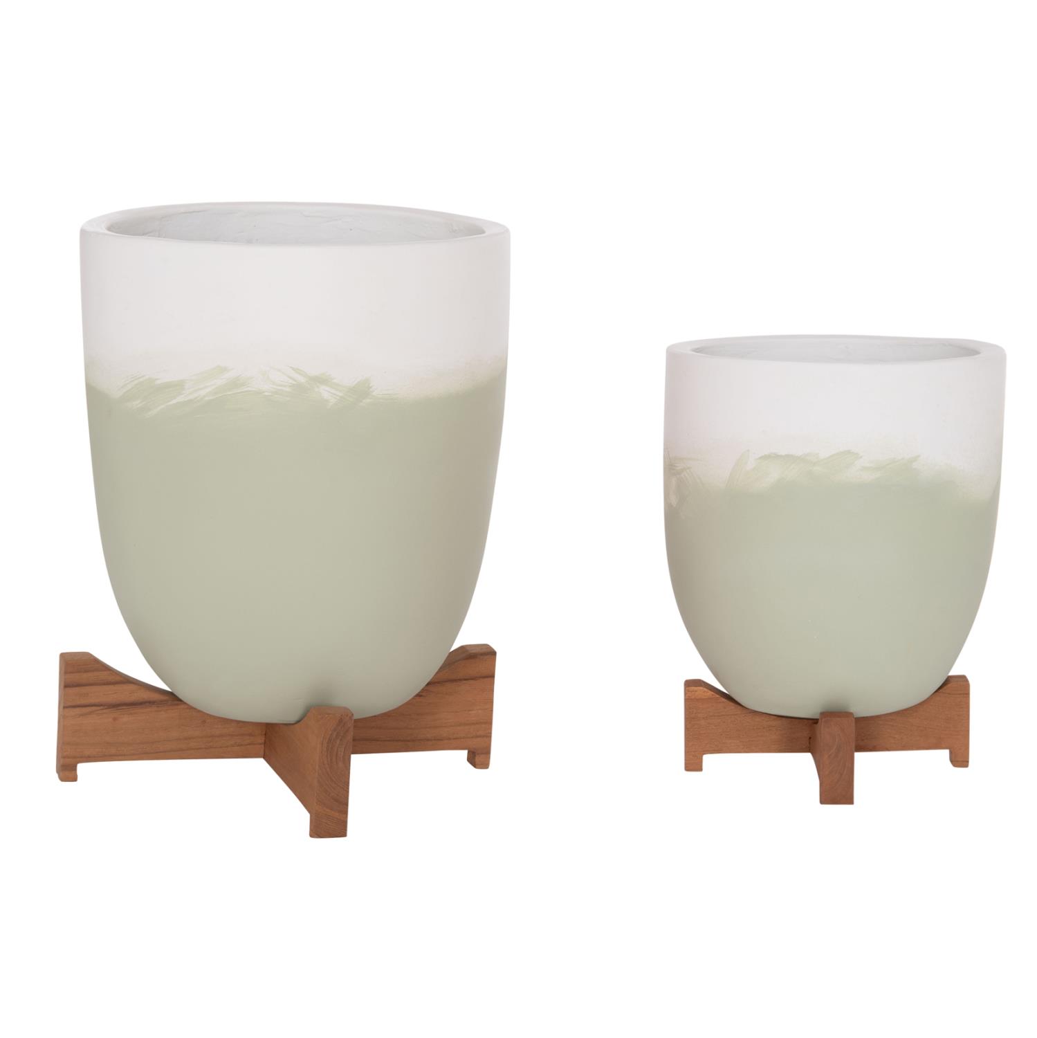 Σετ Γλάστρες 2τεμ. SEON C4686.09 Terracotta σε Λευκό & Πράσινο με Ξύλο Teak Βάση
