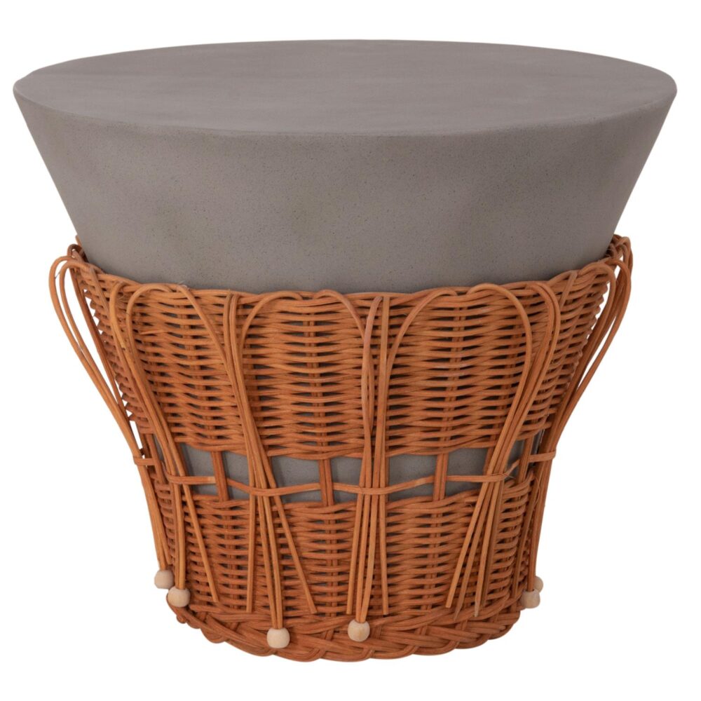 Τραπεζάκι σαλονιού Βοηθητικό PERRAL C18164.03S Fiber Cement Γκρί - Φυσικό Rattan Φ42x36Υεκ.