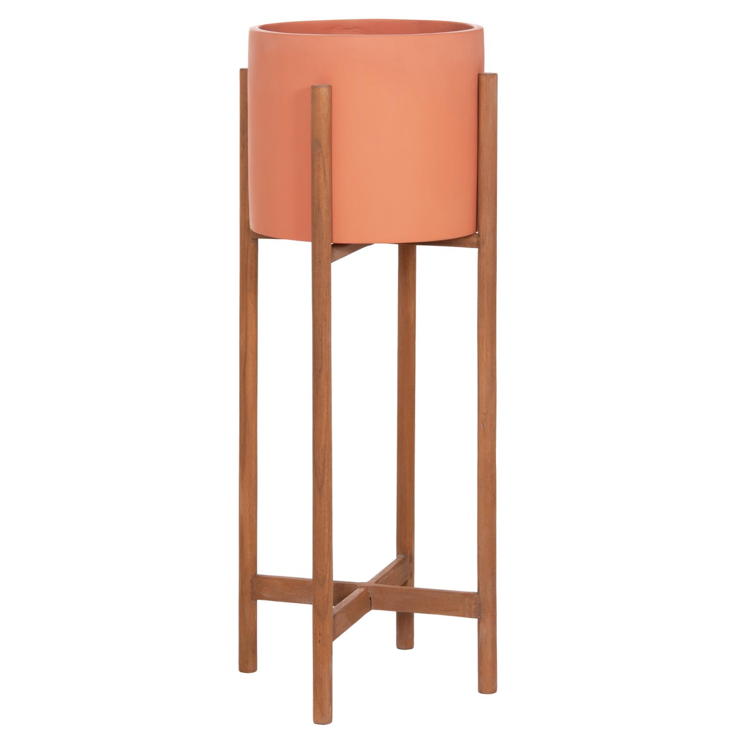 Γλάστρα Εσωτερικού χώρου RENTIL C4684.08L Fiber Cement χρώμα Τερακότα - Βάση Ξύλο Teak Φ25x65Υεκ.