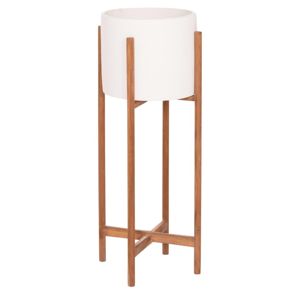 Γλάστρα Εσωτερικού χώρου RENTIL C4684.02L Fiber Cement χρώμα Λευκό - Βάση Ξύλο Teak Φ25x65Υεκ