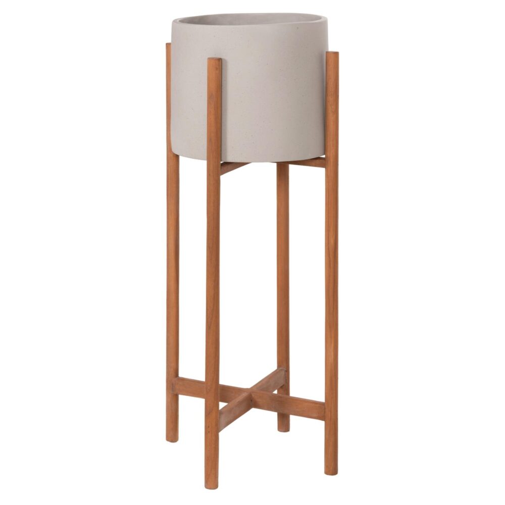 Γλάστρα Εσωτερικού χώρου RENTIL C4684.03L Fiber Cement χρώμα Γκρί - Βάση Ξύλο Teak Φ25x65Υεκ.