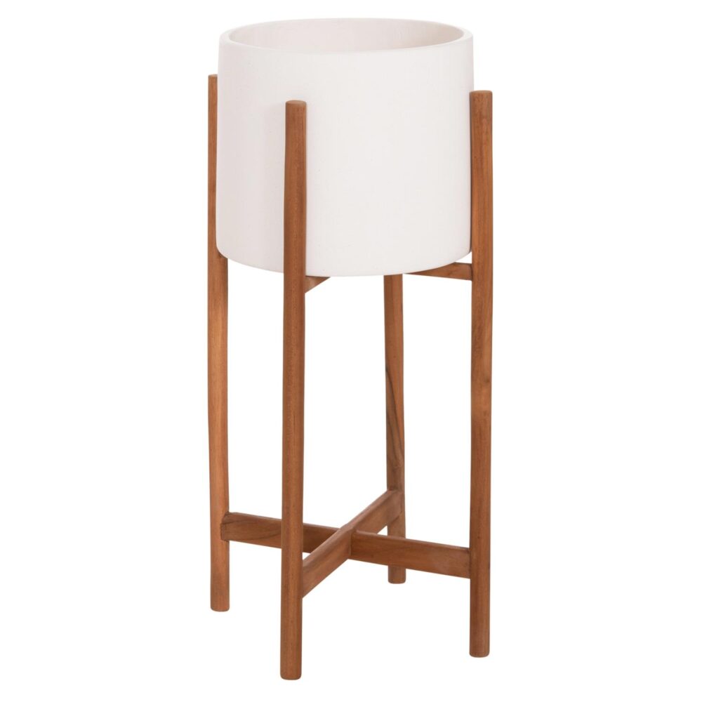 Γλάστρα Εσωτερικού χώρου RENTIL C4684.02S Fiber Cement χρώμα Λευκό - Βάση Ξύλο Teak Φ25x55Υεκ.