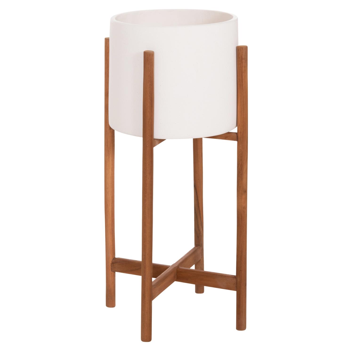 Γλάστρα Εσωτερικού χώρου RENTIL C4684.02S Fiber Cement χρώμα Λευκό - Βάση Ξύλο Teak Φ25x55Υεκ.