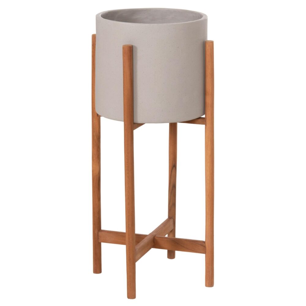 Γλάστρα Εσωτερικού χώρου RENTIL C4684.03S Fiber Cement χρώμα Γκρί - Βάση Ξύλο Teak Φ25x55Υεκ.