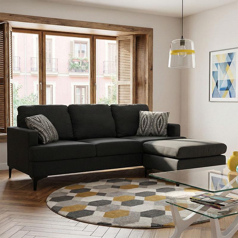 Γωνιακός καναπές με σκαμπό Slim υφασμάτινος χρώμα ανθρακί με μαξιλάρια 185x140x70εκ