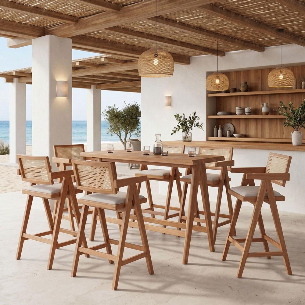 Τραπεζαρία μπαρ Winslow I σετ 7τεμ ξύλο rubberwood ανοιχτό καρυδί 120x45x100εκ