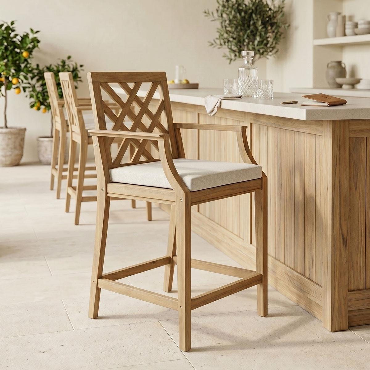 Σκαμπό μπαρ Amalfi μασίφ ξύλο ακακίας-μπεζ ύφασμα 59x63.5x104.9εκ