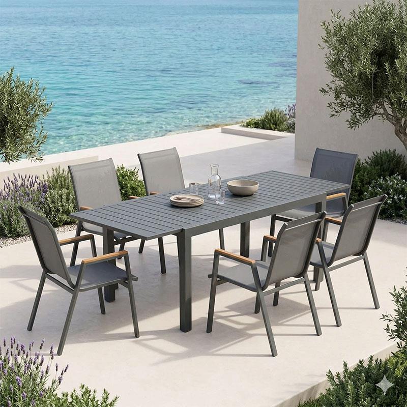 Σετ Τραπεζαρία Azelie-Lafla 7τεμ ανθρακί ύφασμα-ανθρακί αλουμίνιο 77x55x94εκ