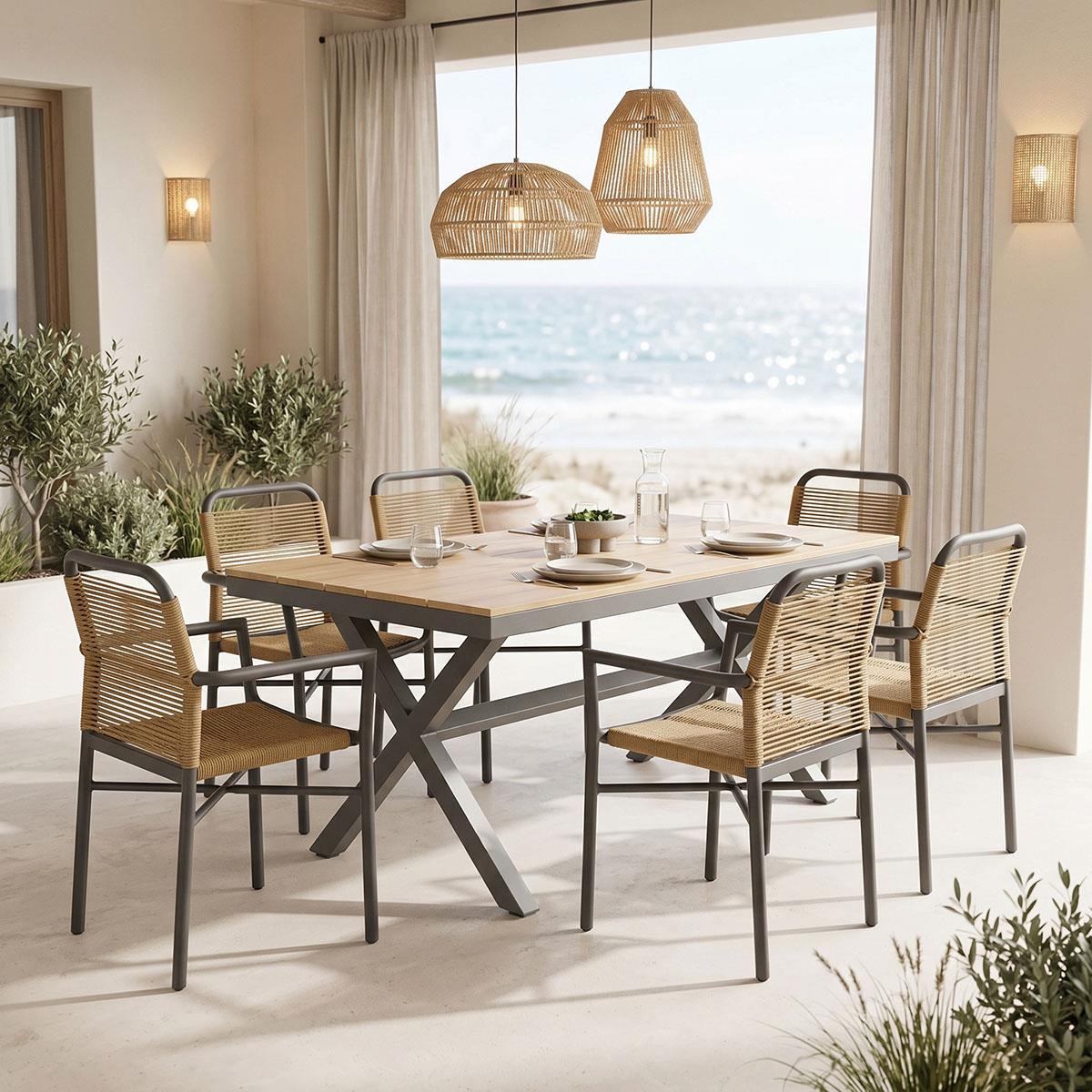 Σετ Τραπεζαρία Clutch -Thorio 7τεμ ανθρακί αλουμίνιο και plywood σε φυσική απόχρωση 160x90x75εκ