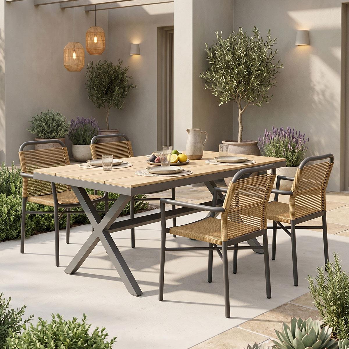 Σετ Τραπεζαρία Clutch -Thorio 5τεμ ανθρακί αλουμίνιο και plywood σε φυσική απόχρωση 160x90x75εκ