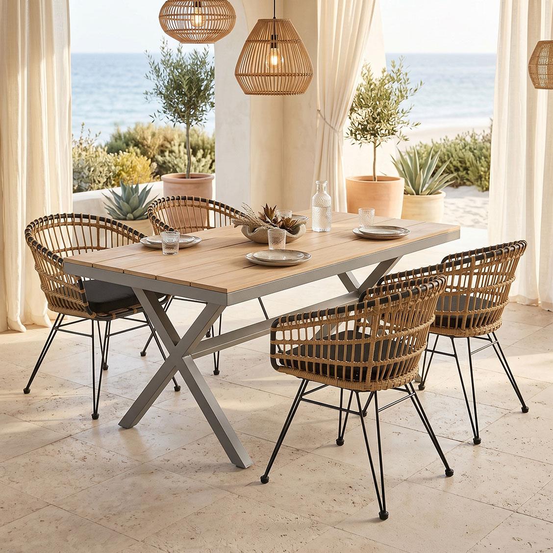 Σετ Τραπεζαρία Naoki-Thorio 5τεμ ανθρακί αλουμίνιο και plywood σε φυσική απόχρωση 160x90x75εκ