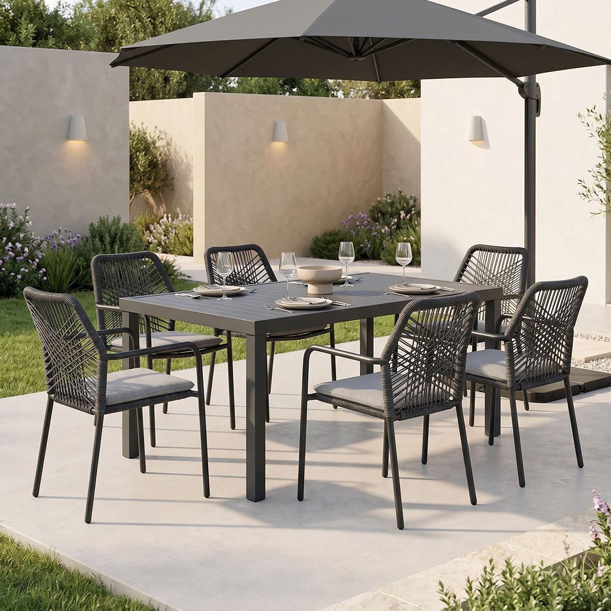 Σετ Τραπεζαρία Kherson-Kliton A 7τεμ αλουμινίου και σχοινί σε ανθρακί απόχρωση 150x80x74εκ