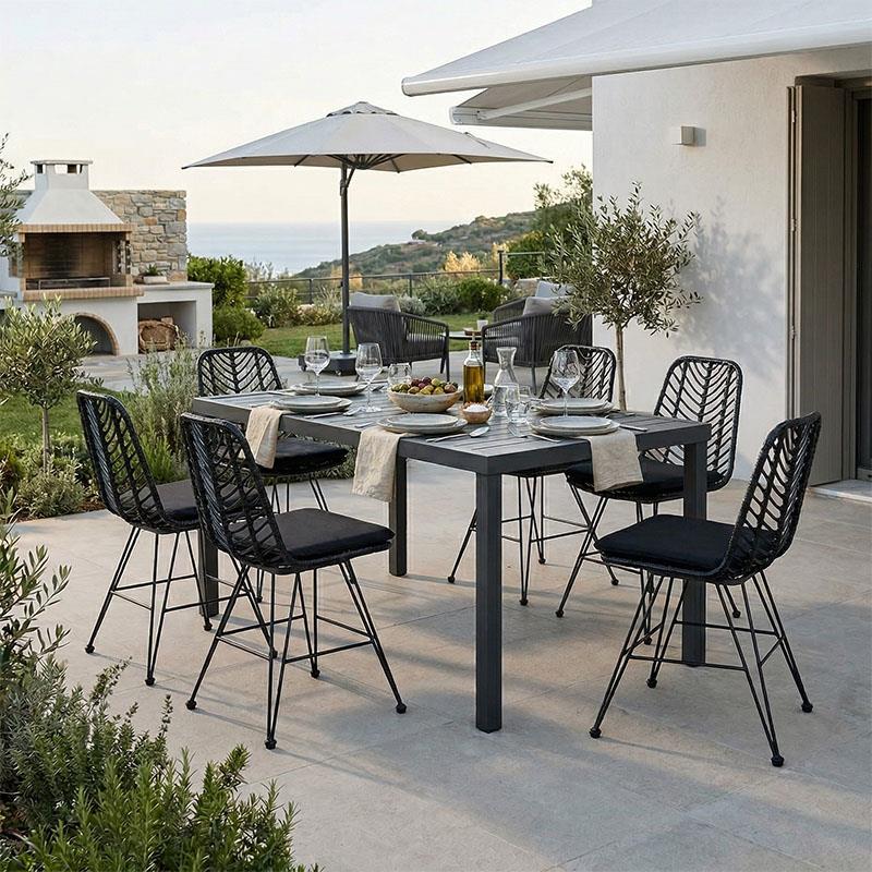 Σετ Τραπεζαρία Naoki - Kliton II 7τεμ ανθρακί αλουμίνιο και pe rattan σε μαύρη απόχρωση 150x80x74εκ