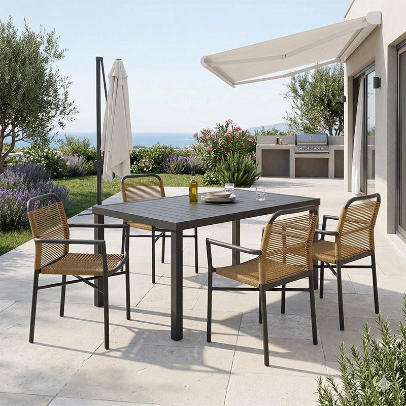 Σετ Τραπεζαρία Clutch - Kliton A 5τεμ ανθρακί αλουμίνιο και pe rattan σε φυσική απόχρωση 150x80x74εκ.