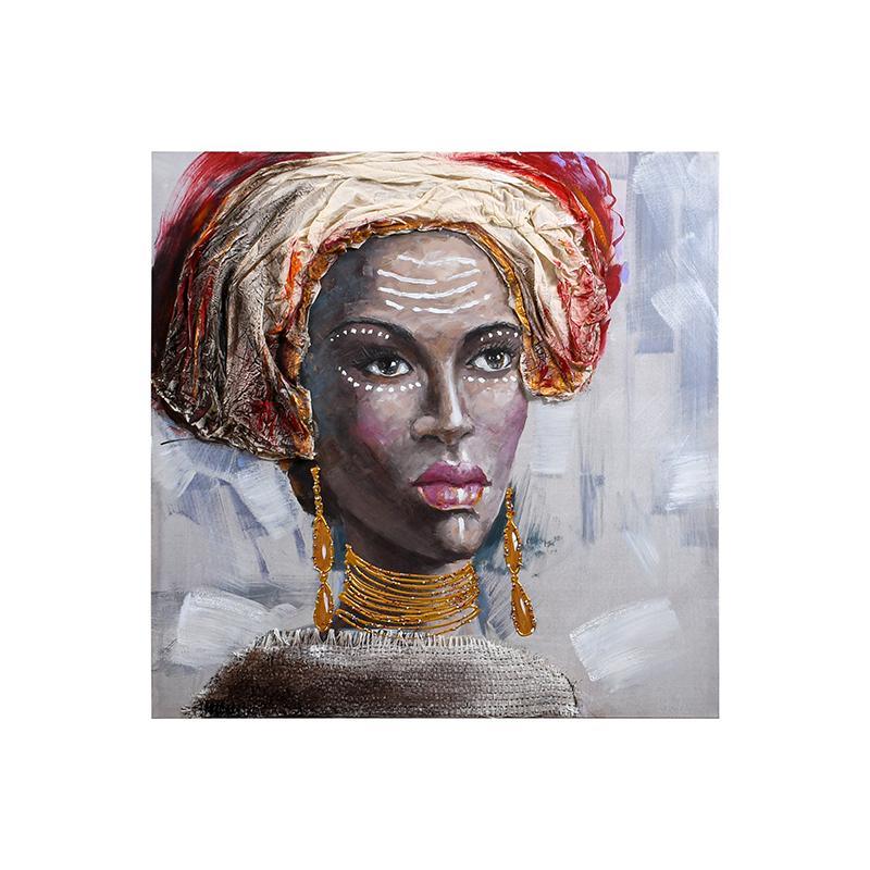 Κάδρο African Lady FL609 Fylliana σε Μαύρο -Κόκκινο -Μπέζ και Καφέ χρώμα 80x3x80εκ.