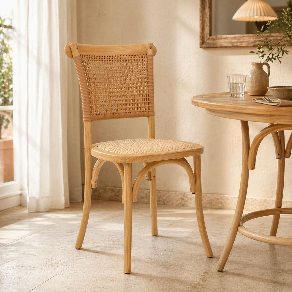 Καρέκλα Karley φυσικό ξύλο οξιάς-έδρα φυσικό rattan 48x52x89εκ