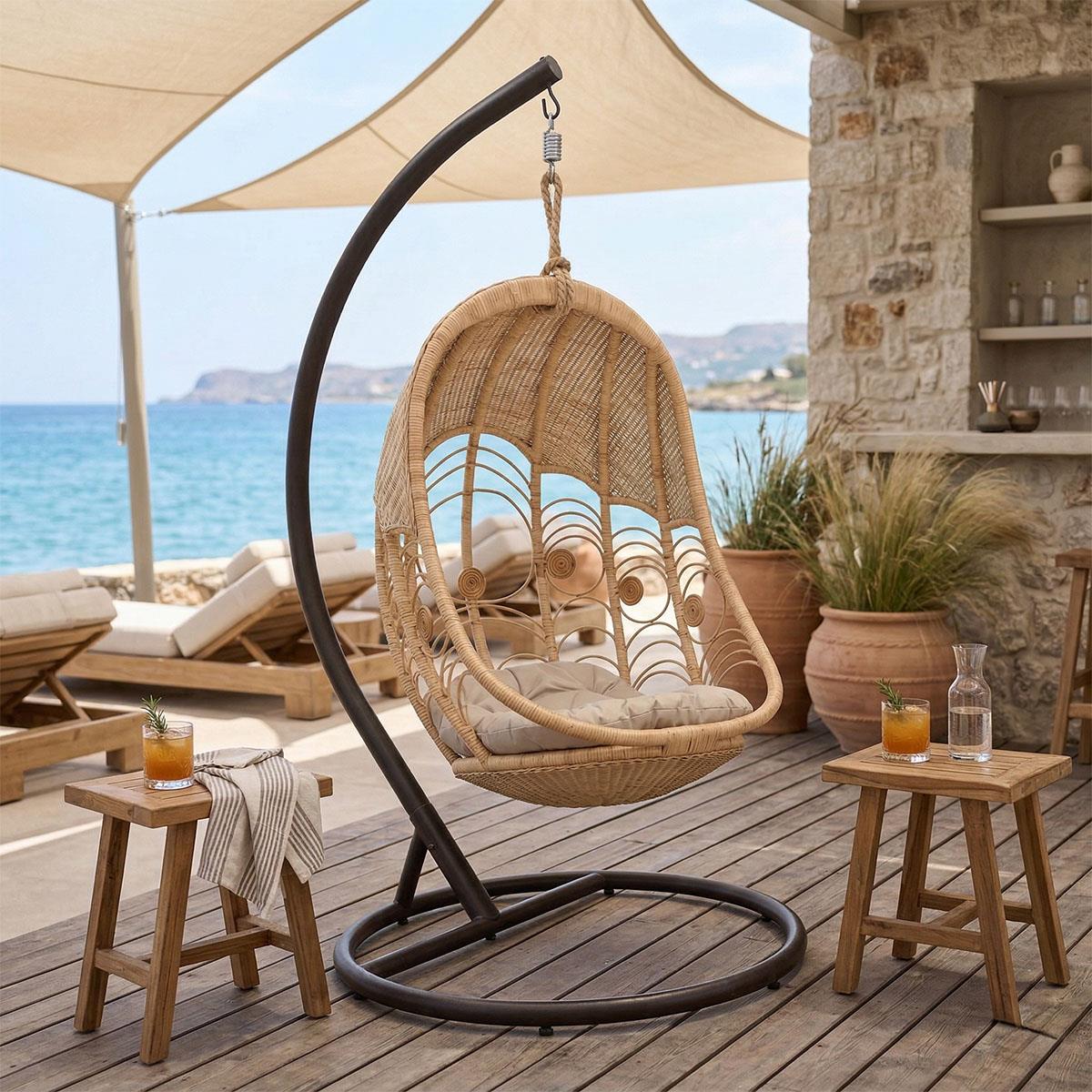 Κούνια Labreone rattan pe φυσική απόχρωση -μαύρο μέταλλο-μπεζ μαξιλάρι 82x82x200εκ