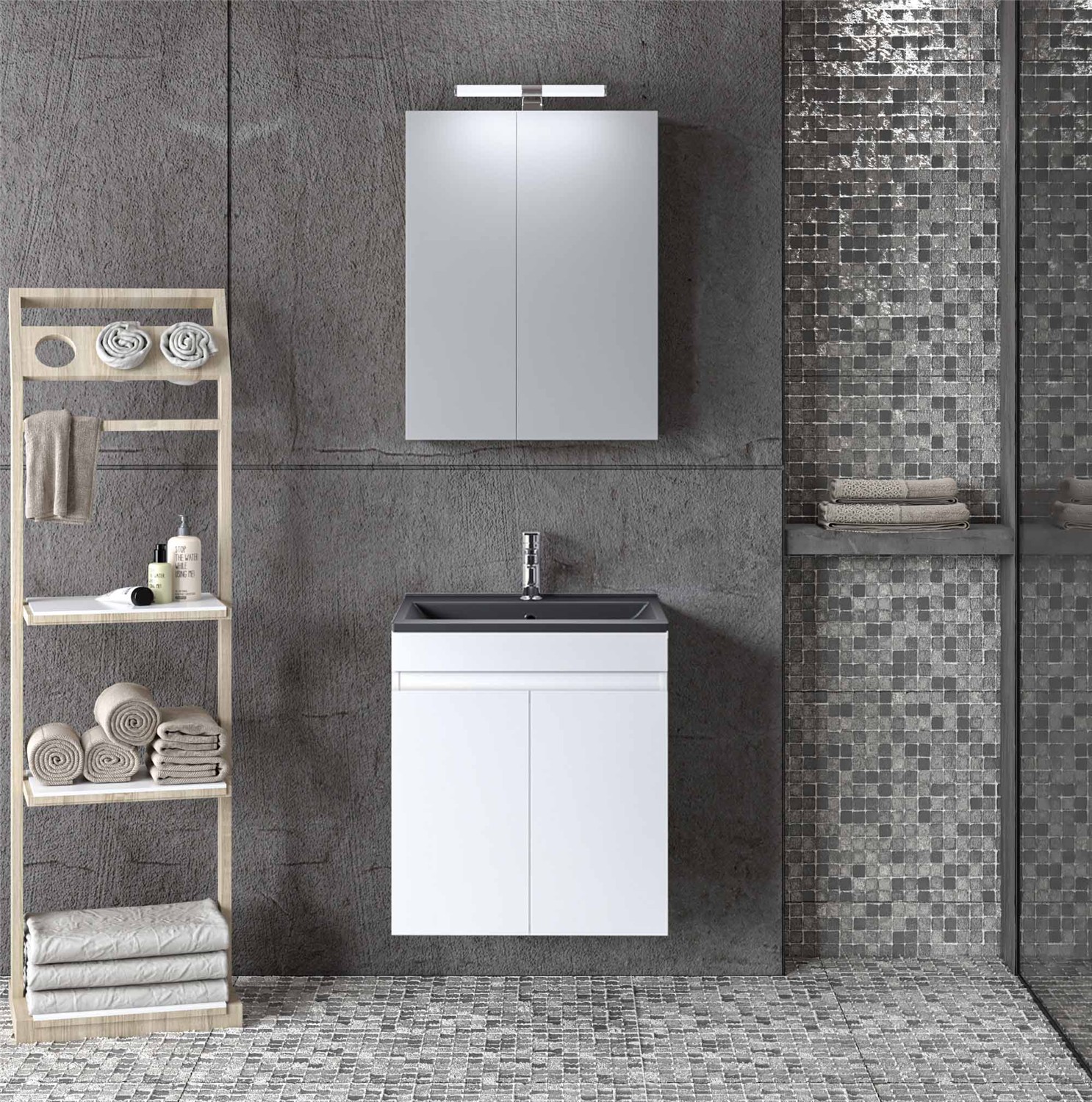 Σετ Έπιπλο Μπάνιου OMEGA 50 Λευκό Γυαλιστερό με Μαύρο Ντουλάπι