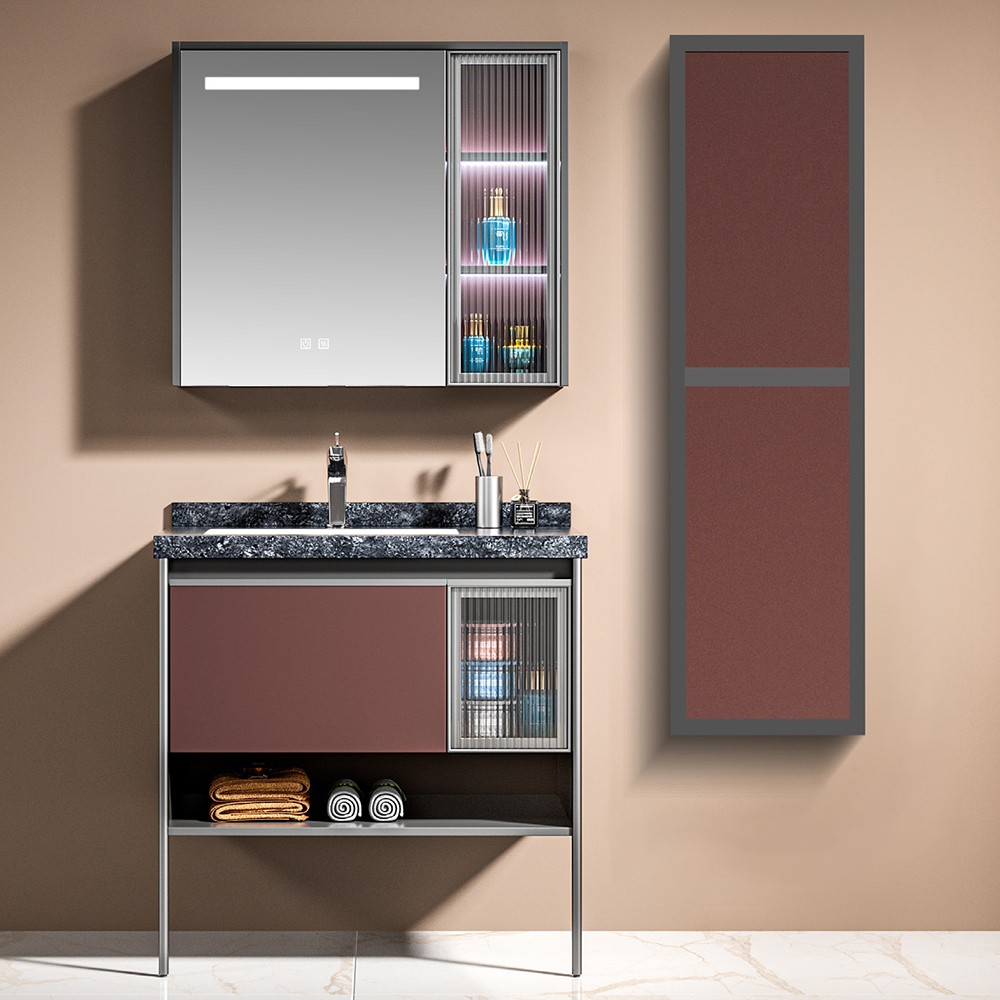 Σετ Επίπλου Mπάνιου ERIETE 80 Plywood Μπορντώ - Ανθρακί