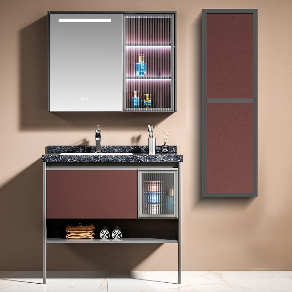 Σετ Επίπλου Mπάνιου ERIETE 100 Plywood Μπορντώ - Ανθρακί