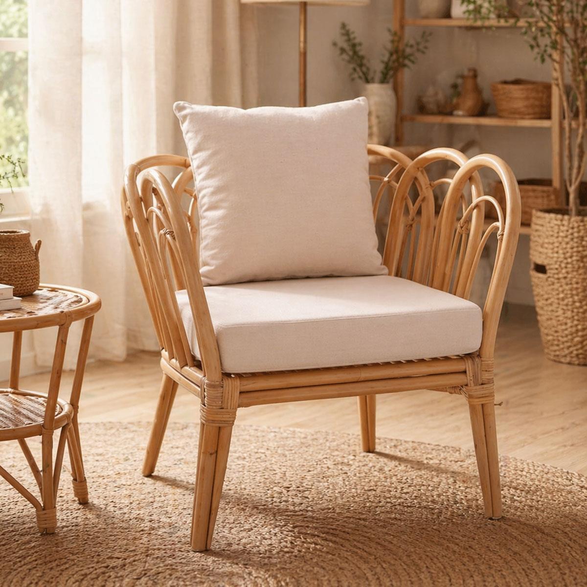 Καρέκλα - Πολυθρόνα Tania φυσικό rattan-λευκό μαξιλάρι 76x76x76 εκ.