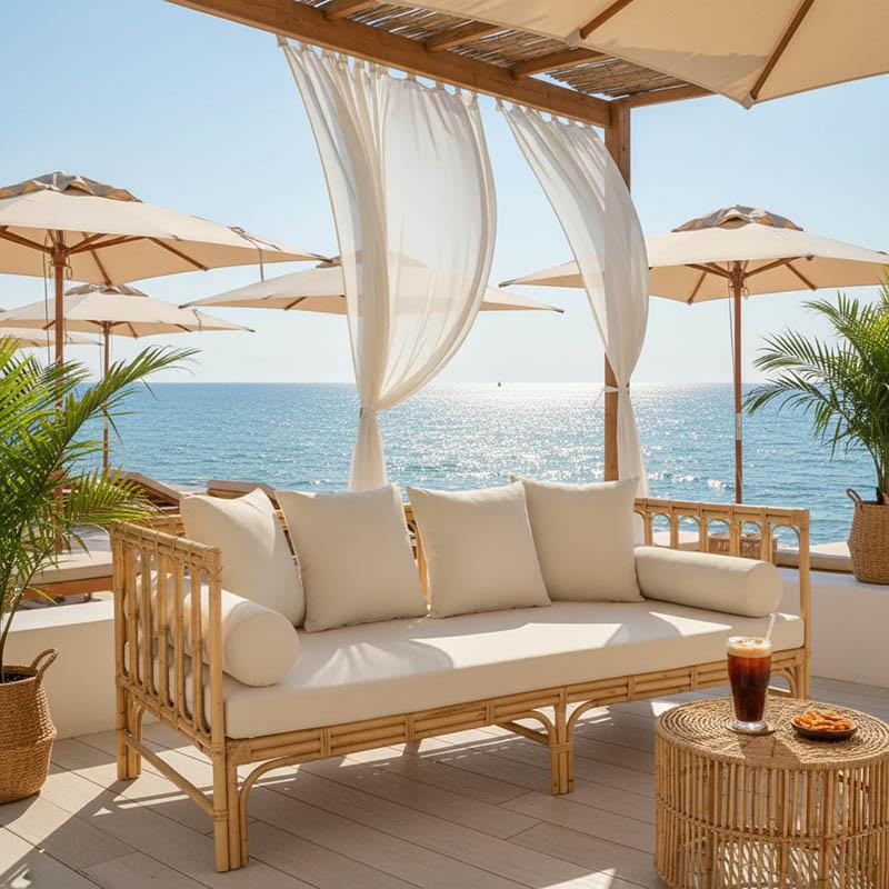 Καναπές Alessa φυσικό rattan-λευκό ύφασμα με μαξιλάρια 200x100x76εκ